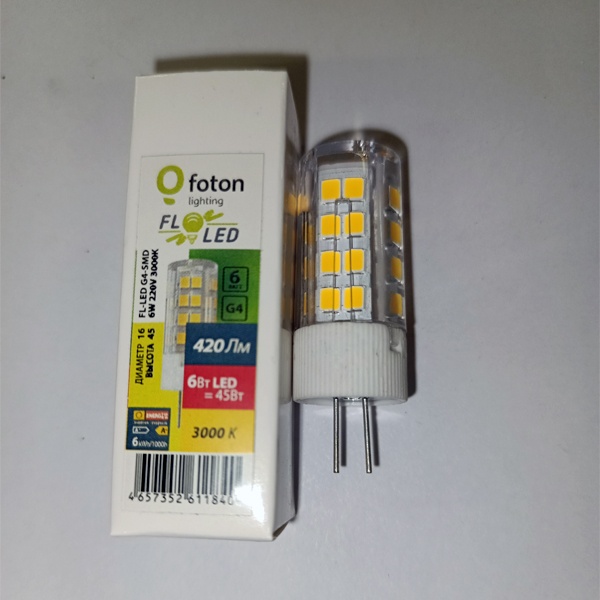 Светодиодная капсульная лампочка Фотон Лайтинг, мощностью 6 Ватт, с цоколем G4, теплый белый свет