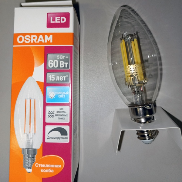 Диммируемая филаментная лампочка свеча Осрам LED SCL B, мощностью 5 Ватт, с цоколем E14, нейтральный белый свет