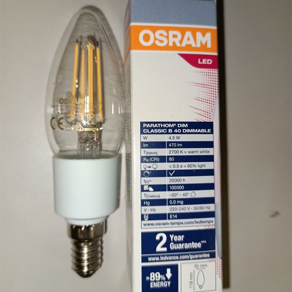 Диммируемая филаментная светодиодная лампа свеча Осрам LED P Retrofit CLAS B 40 DIM, мощностью 4.5 Ватта, теплый свет, с цоколем E14