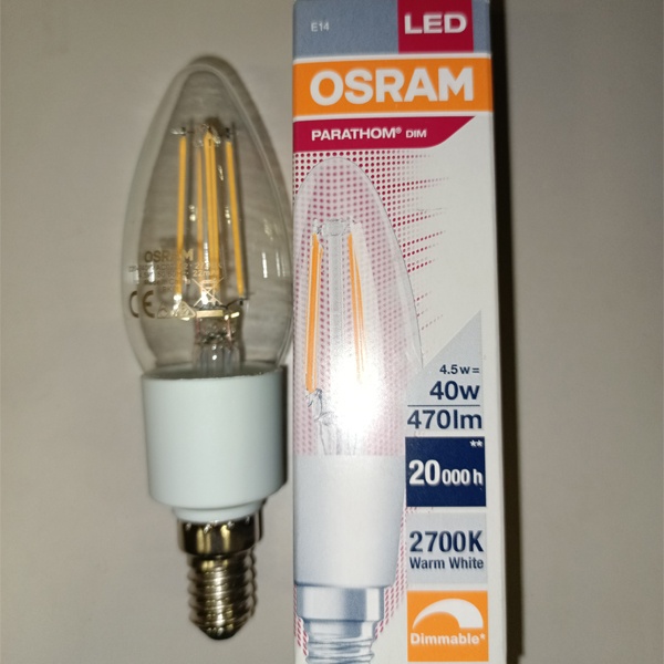 Диммируемая филаментная светодиодная лампа свеча Осрам LED P Retrofit CLAS B 40 DIM, мощностью 4.5 Ватта, теплый свет, с цоколем E14
