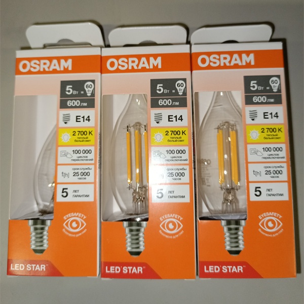 Филаментная лампочка формы свеча на ветру с нитевидными светодиодами Осрам мощностью 5 Ватт, с цоколем E14 (миньон), теплый свет, прозрачная колба