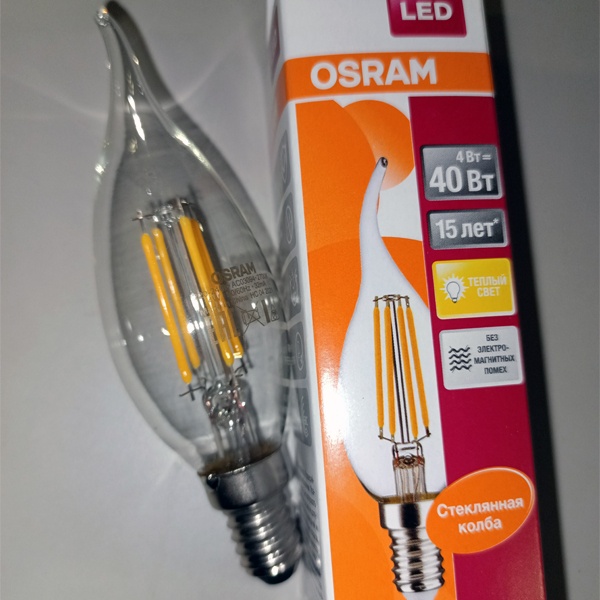 Филаментная светодиодная лампа свеча на ветру Осрам LED Retrofit CLAS BA40 4W/827 470 lm E14