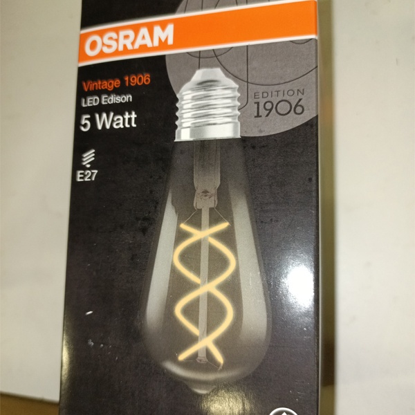 Филаментная лампочка Осрам Эдисон Vintage 1906 с нитевидными светодиодами в дымчатой колбе, мощностью 4 Вт, с цоколем E27, тёплый свет