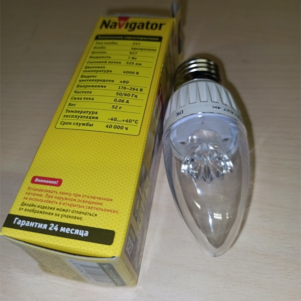 Светодиодная лампочка свеча Навигатор, мощностью 7 Ватт, с цоколем E27, нейтральный белый свет, прозрачная колба
