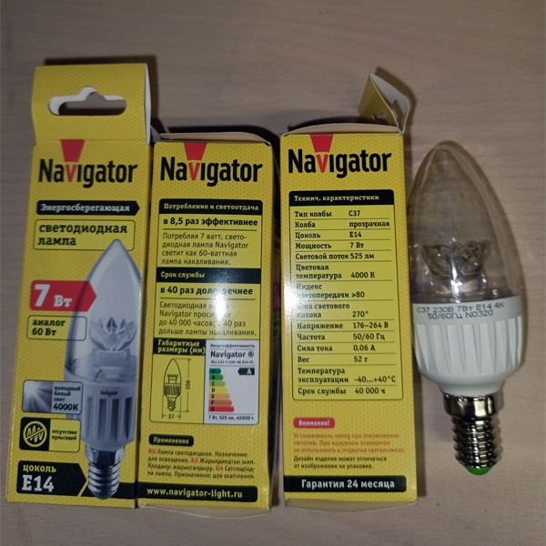 Светодиодная лампочка свеча Навигатор, мощностью 7 Ватт, с цоколем E14, нейтральный белый свет, прозрачная колба