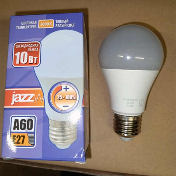 Энергосберегающая диммируемая LED лампочка Груша с цоколем E27, мощностью 10 Ватт, теплый белый свет