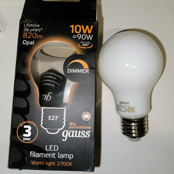 Энергосберегающая диммируемая LED лампочка Груша с цоколем E27, мощностью 10 Ватт, теплый свет, матовая колба