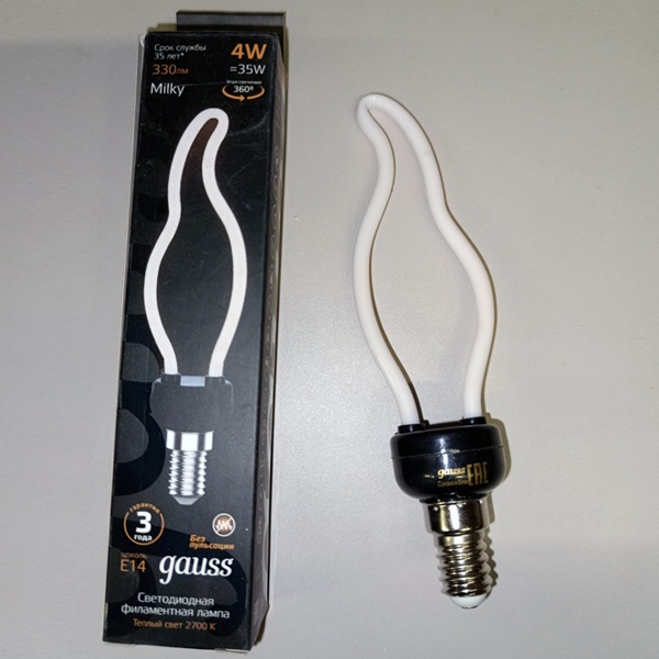 Филаментная, декоративная лампочка Гаусс, мощностью 4 Ватта с цоколем E14, теплый свет, матовая