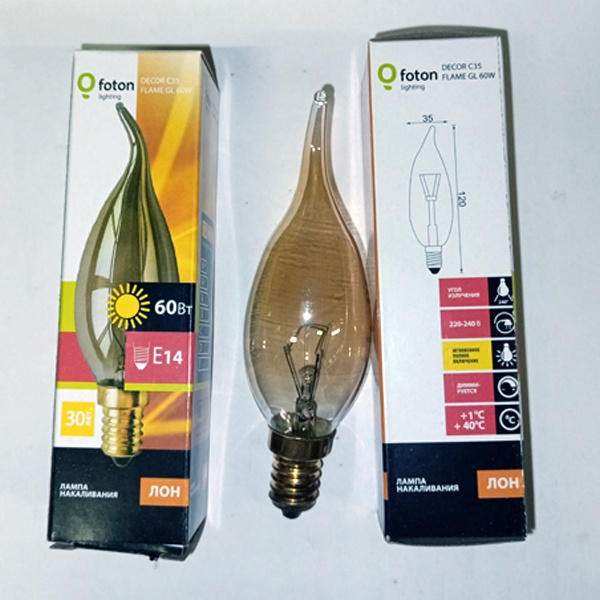 Обычная вольфрамовая лампа формы свеча на ветру мощностью 60 Вт на 220 Вольт с цоколем E14 миньон общего назначения