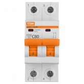 Выключатель автоматический TDM ВА47-100М 2Р  С80А 10кА 2 модуля