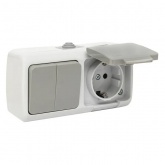 Блок розетка с заземлением и крышкой + двухклавишный выключатель EKF Мурманск IP54 серый