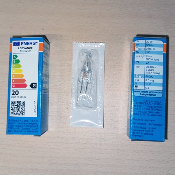 Лампа галогенная капсульная Osram Halostar (4058075094215) мощностью 20 Ватт на 12 Вольт с цоколем G4 со сроком работы 2000 часов.