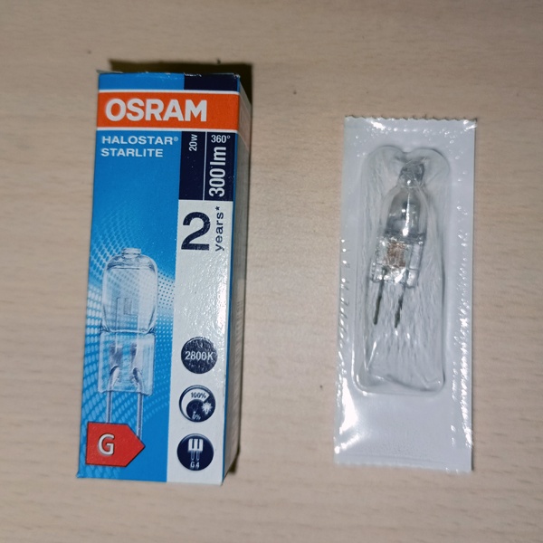 Лампа галогенная капсульная Osram Halostar (4058075094215) мощностью 20 Ватт на 12 Вольт с цоколем G4 со сроком работы 2000 часов.