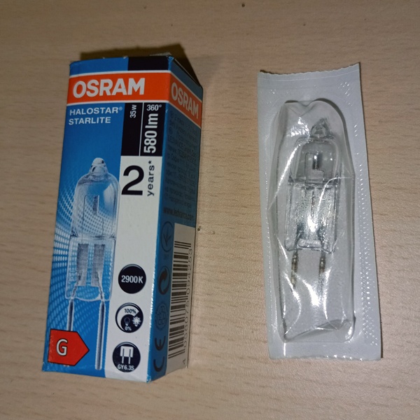 Лампа галогенная капсульная Osram Halostar (4050300017426) мощностью 35 Ватт на 12 Вольт с цоколем GY6.35 со сроком работы 2000 часов.