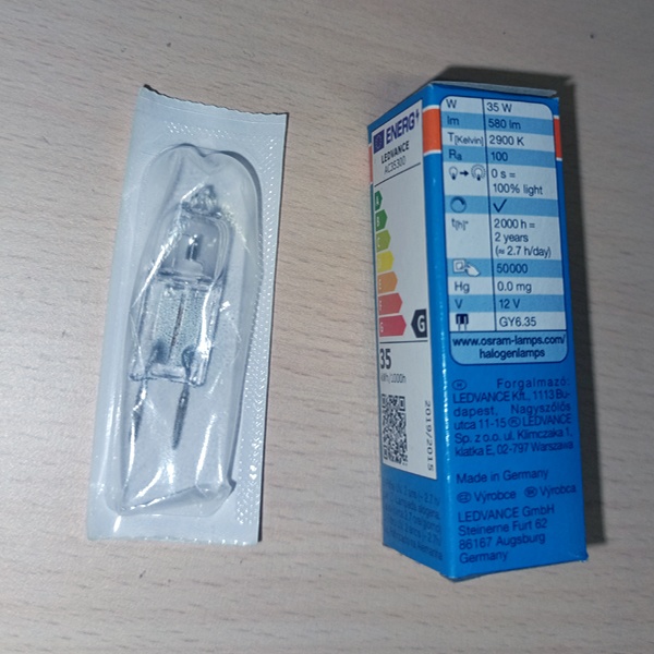 Лампа галогенная капсульная Osram Halostar (4050300017426) мощностью 35 Ватт на 12 Вольт с цоколем GY6.35 со сроком работы 2000 часов.