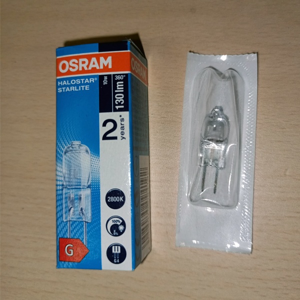 Галогенная низковольтная капсульная лампочка Осрам с цоколем G4, мощностью 10 Ватт