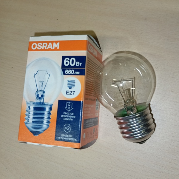 Обычная вольфрамовая лампа формы шарик мощностью 60 Вт с цоколем Е27 общего назначения