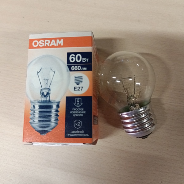 Обычная вольфрамовая лампа формы шарик мощностью 60 Вт с цоколем Е27 общего назначения