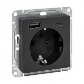 Механизм розетки EKF 2P+E 16А с USB-А и USB-C со шторками Эпика черный