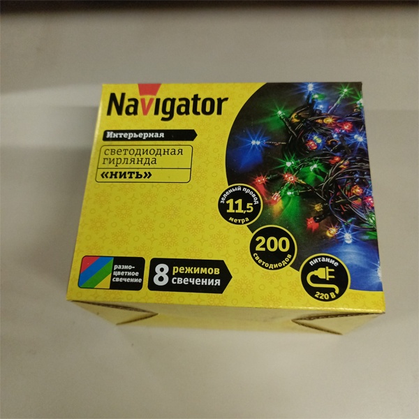 Светодиодная гирлянда Navigator Нить длиной 11.5 метра с зеленым ПВХ проводом, RGBY цвет светодиодов , 8 режимов свечения, 230 Вольт.