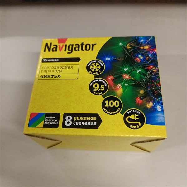 Светодиодная гирлянда Navigator Нить длиной 9.5 метра с проводом из черного каучука, RGBY цвет светодиодов, 8 режимов свечения, 230 Вольт.