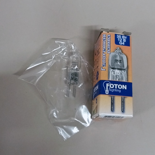 Лампа галогенная Foton Lighting с цоколем G4 мощностью 35 Ватт 12 Вольт прозрачная.