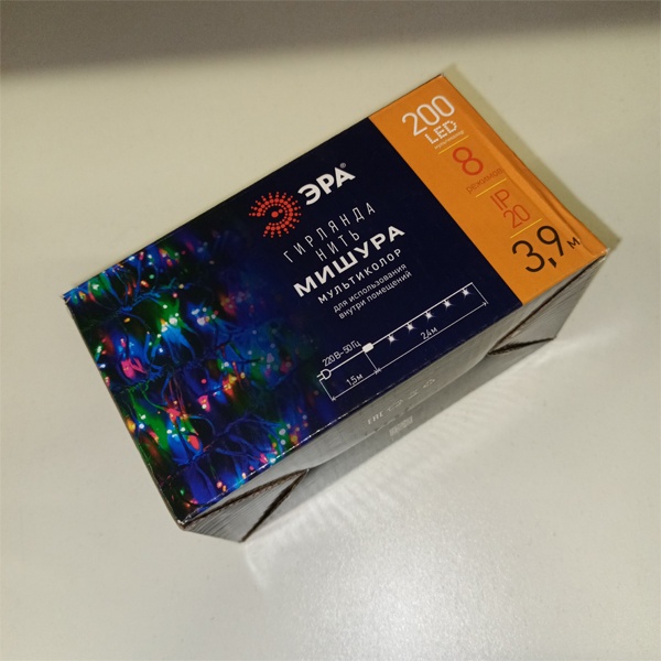 Светодиодная гирлянда Мишура, 3,9 метра (белый провод), 200 LED мультиколор, с контроллером 8 режимов, работа от сети 220 Вольт, ЭРА