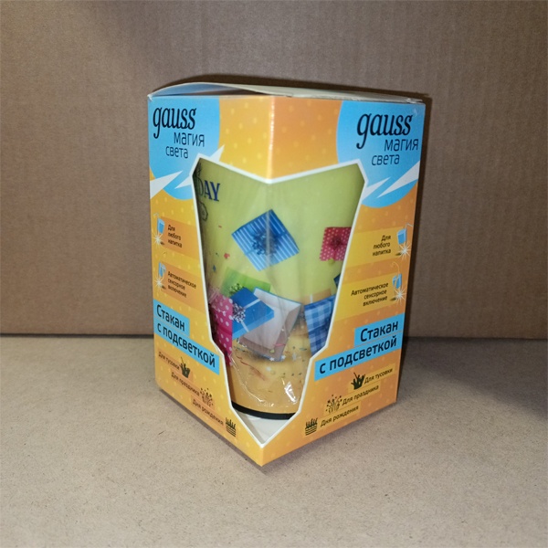 Праздничный светодиодный стакан с автоматической подсветкой Гаусс День Рождение, работа от 3 элементов питания LR44