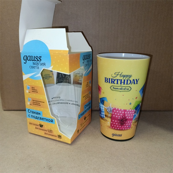 Праздничный светодиодный стакан с автоматической подсветкой Гаусс День Рождение, работа от 3 элементов питания LR44