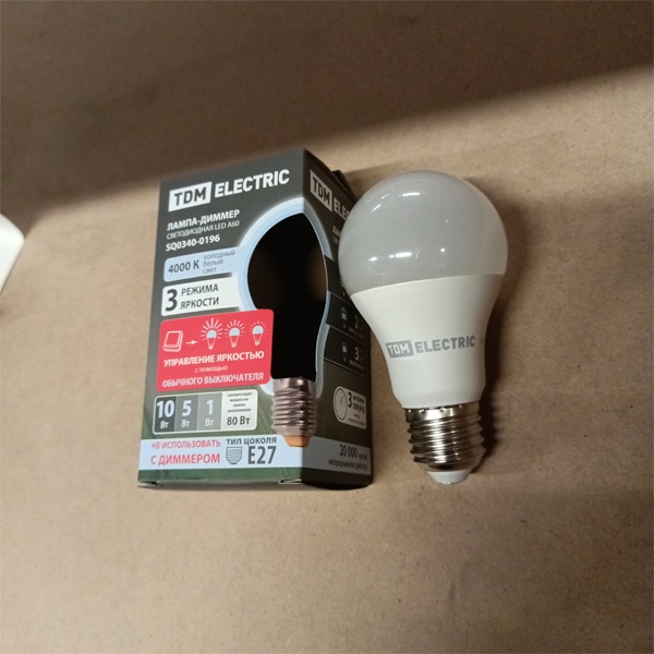 Светодиодная лампочка-диммер груша ТДМ, со сменой режима яркости, максимальная мощность 10 Ватт, цоколь E27, нейтральный белый свет