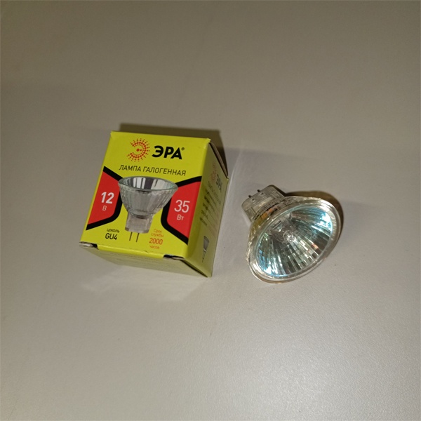 Низковольтная, галогенная лампочка ЭРА направленного света, напряжением 12 Вольт, мощностью 35 Ватт, с цоколем GU4