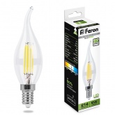 Лампа филаментная светодиодная свеча на ветру Feron LB-69 5W 4000K 230V 550lm E14 DIM filament белый