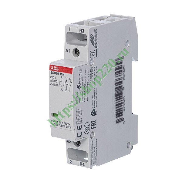 Контактор ESB20-11N-06 модульный (20А АС-1, 1НО+1НЗ), катушка 230В AC/DC 1 модуль