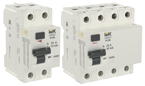 УЗО двухполюсные и четырехполюсные ARMAT R10N типа АС и AC-S 10кА IEK