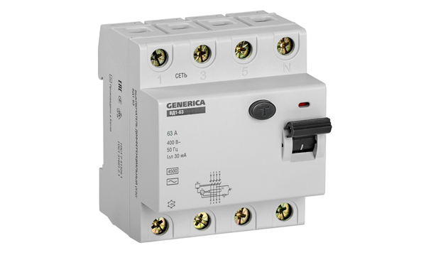 УЗО двухполюсные и четырехполюсные GENERICA ВД1-63 тип AC 4,5кА IEK
