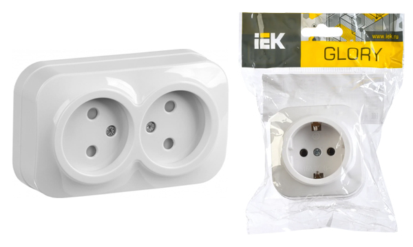 Розетки и выключатели IEK серия Glory белый открытой установки