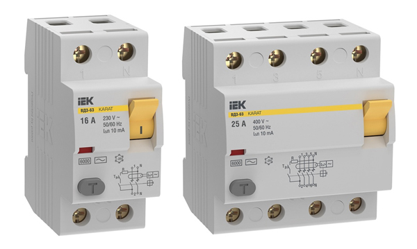 УЗО двухполюсные и четырехполюсные KARAT ВД3-63 тип AC 6кА IEK