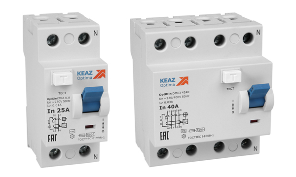 УЗО двухполюсные и четырехполюсные OptiDin DM63 тип A/АС 4,5кА КЭАЗ