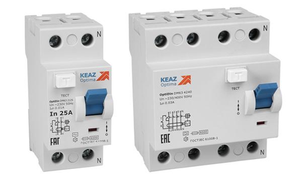 УЗО двухполюсные и четырехполюсные OptiDin DM63 тип A/АС 6кА КЭАЗ